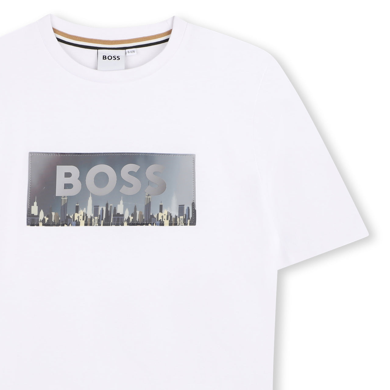BOSS Playera para niño y teen, Color blanco, logo con edificios