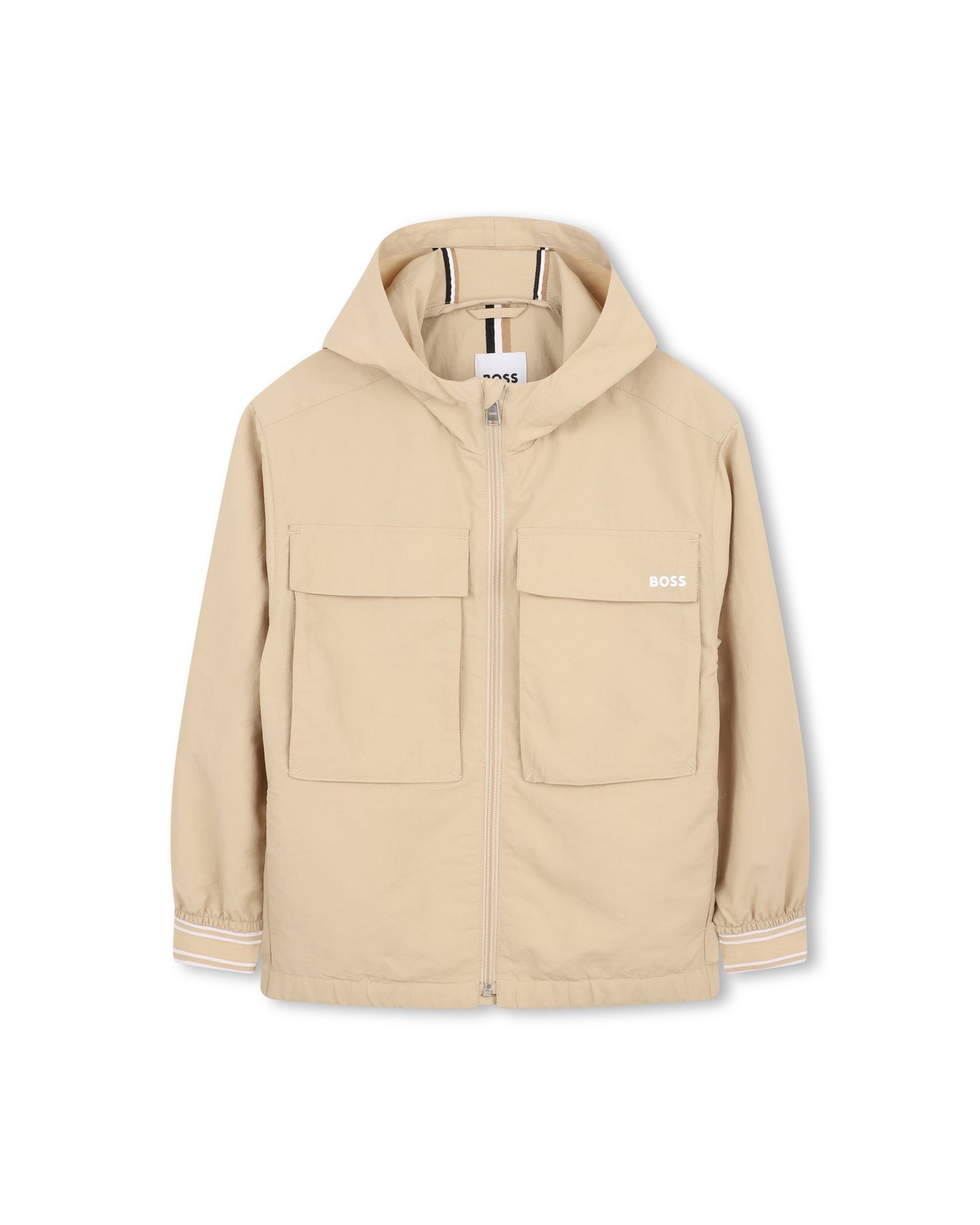 BOSS chamarra para niño y teen, tipo cazadora, con capucha y cierre, beige