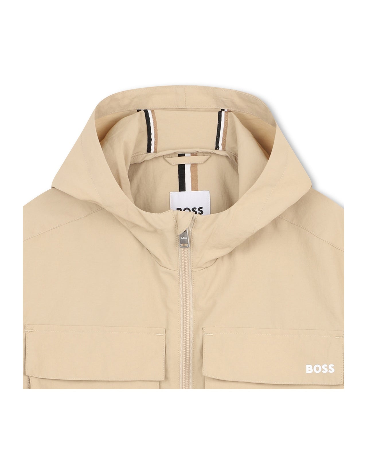 BOSS chamarra para niño y teen, tipo cazadora, con capucha y cierre, beige