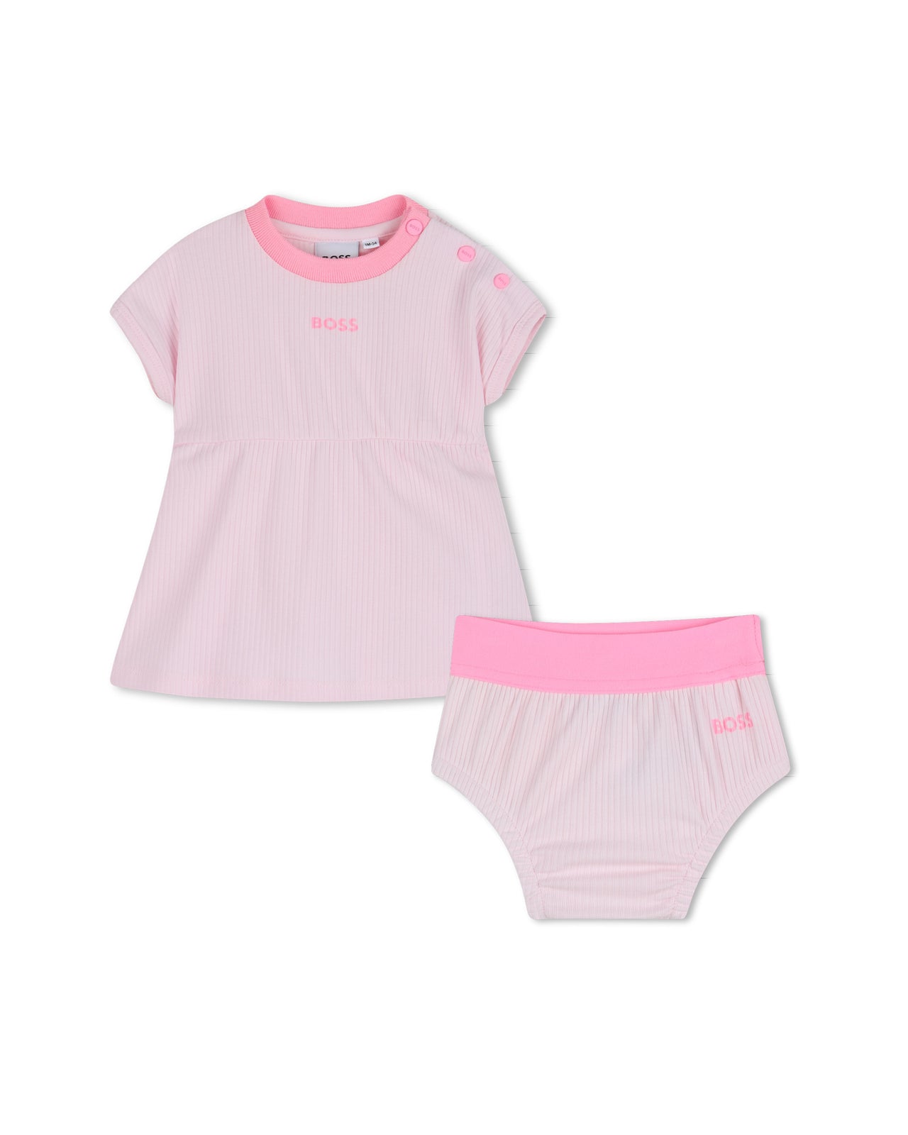 BOSS vestido para bebé, color rosa en dos tonos con pequeño logo y calzoncito