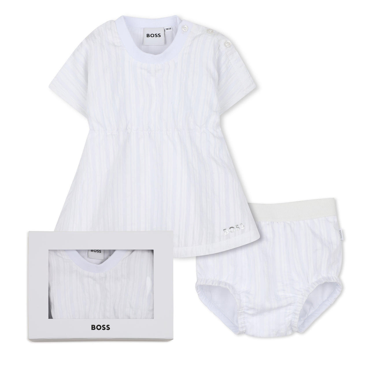 BOSS vestido para bebé, color blanco pequeño logo y calzoncito