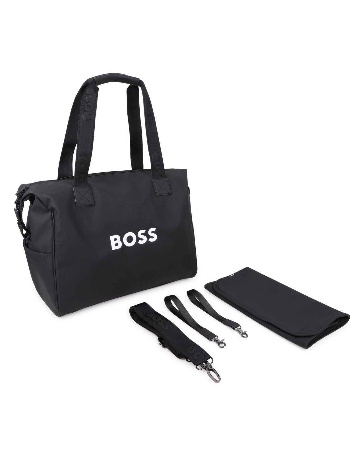 BOSS Pañalera con accesorios, ajustable, color negro big logo blanco