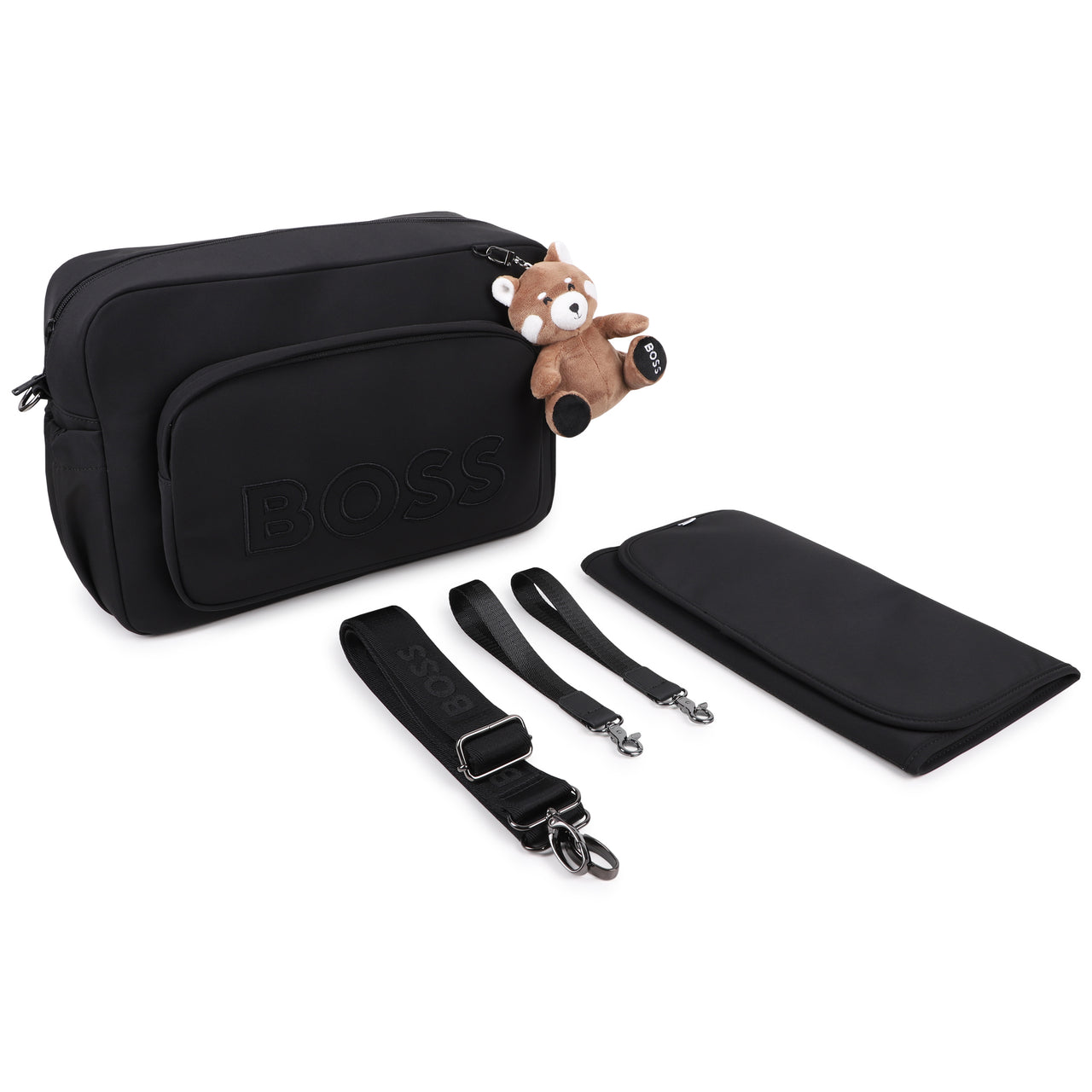 BOSS Pañalera con accesorios, ajustable, color negro con llavero peluche osito