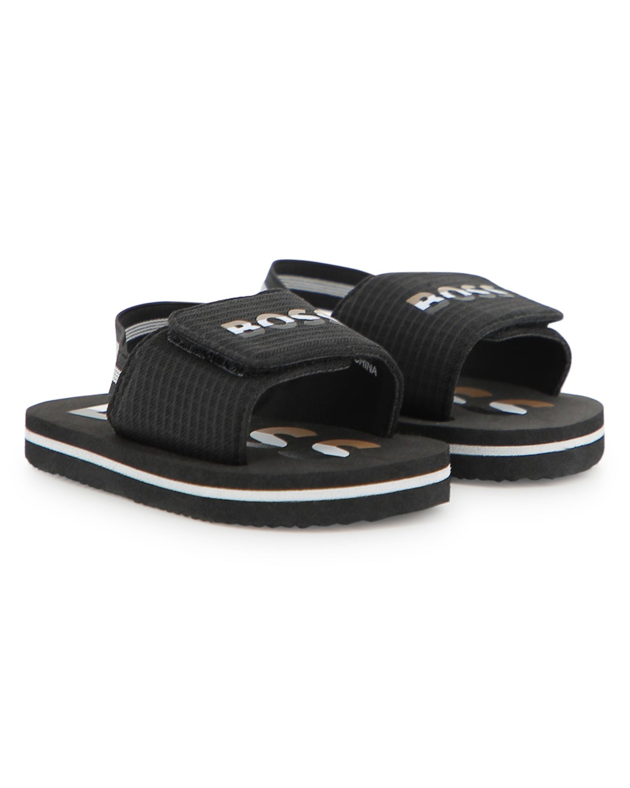 BOSS sandalia para bebe y niño, negra logo tricolor