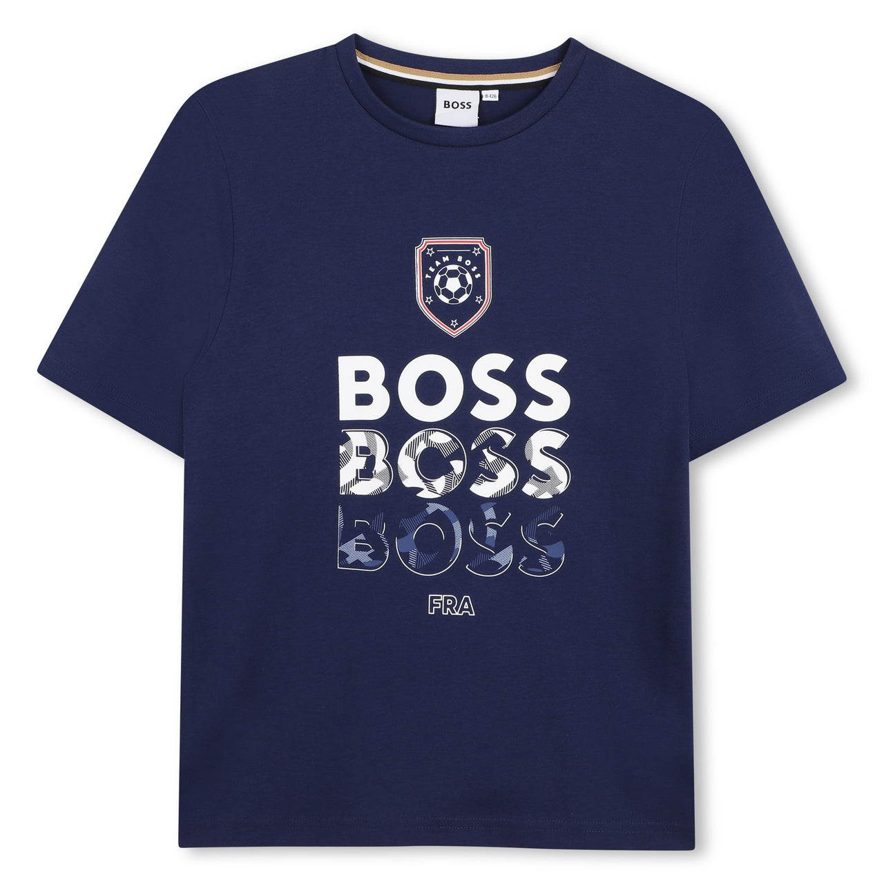 BOSS Playera para niño y teen, Color marino, multi logo mundial FRANCE