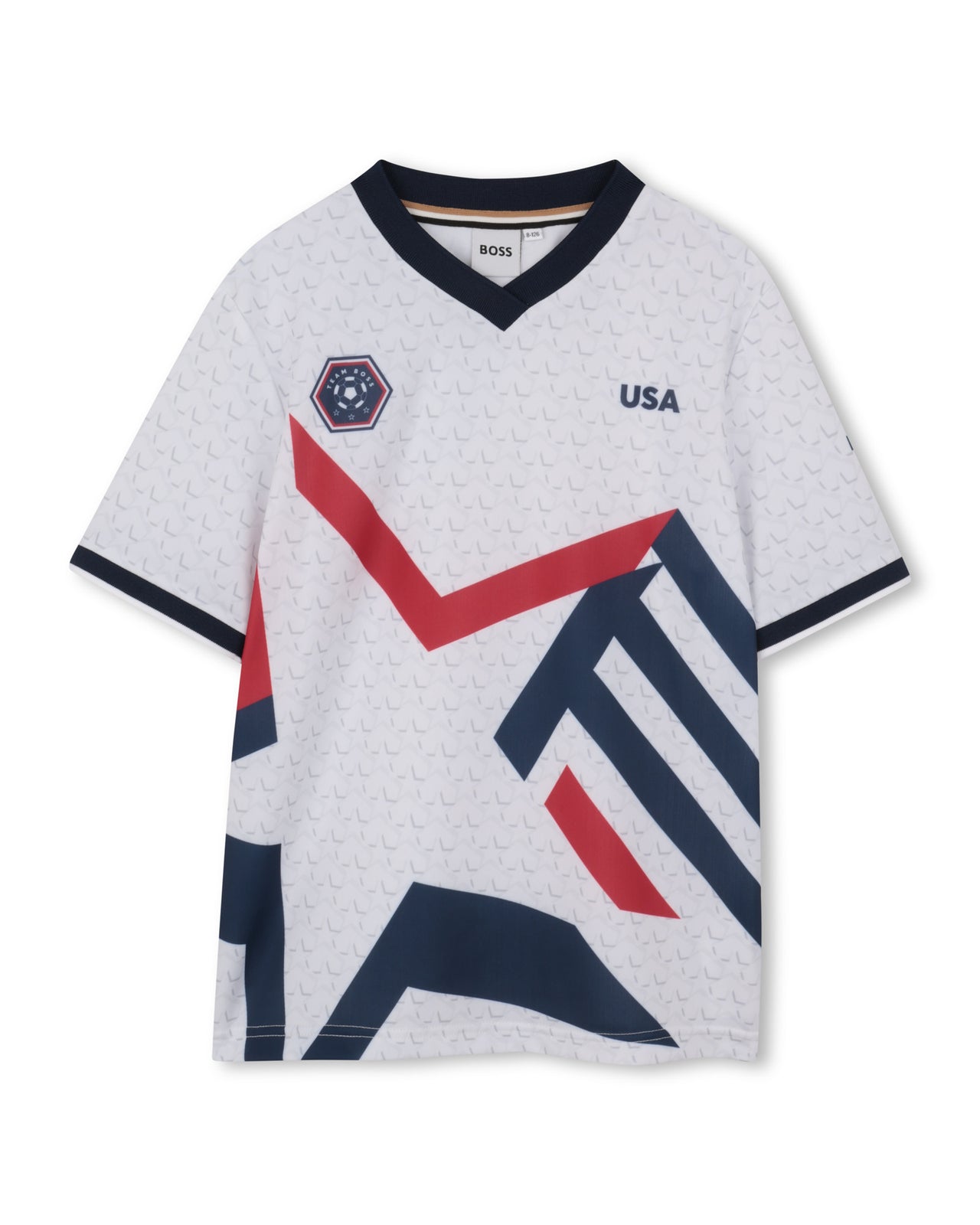 BOSS Playera para niño y teen, Color blanco, Cuello V mundial USA