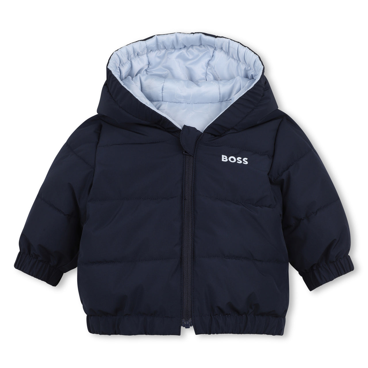BOSS Chamarra reversible para bebe un lado vazul cielo el otro marino con capucha