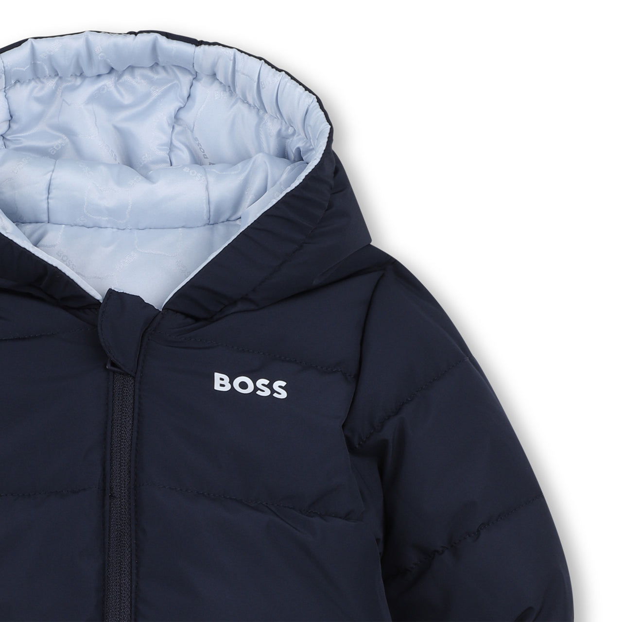 BOSS Chamarra reversible para bebe un lado vazul cielo el otro marino con capucha
