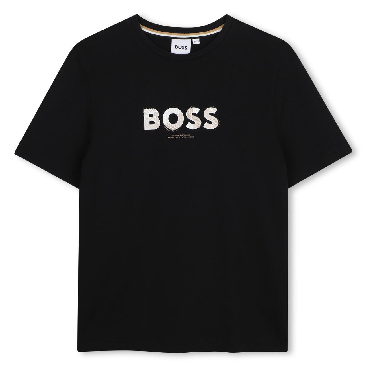 BOSS playera para niño y teen color negra logo al frente explore the world
