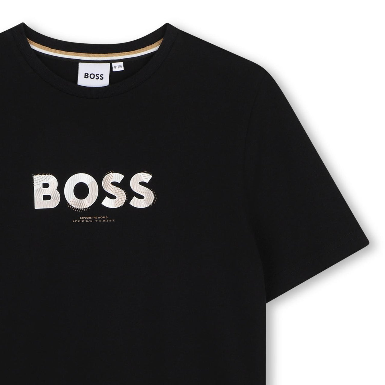 BOSS playera para niño y teen color negra logo al frente explore the world