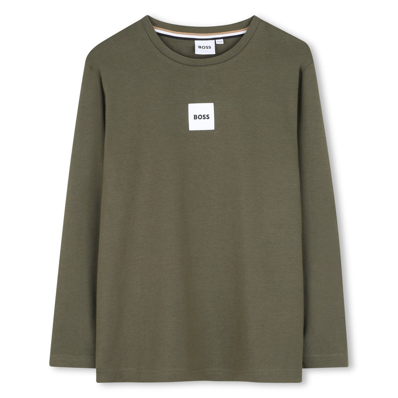 BOSS playera para niño y teen olivo manga larga pequeño logo al tono al frente