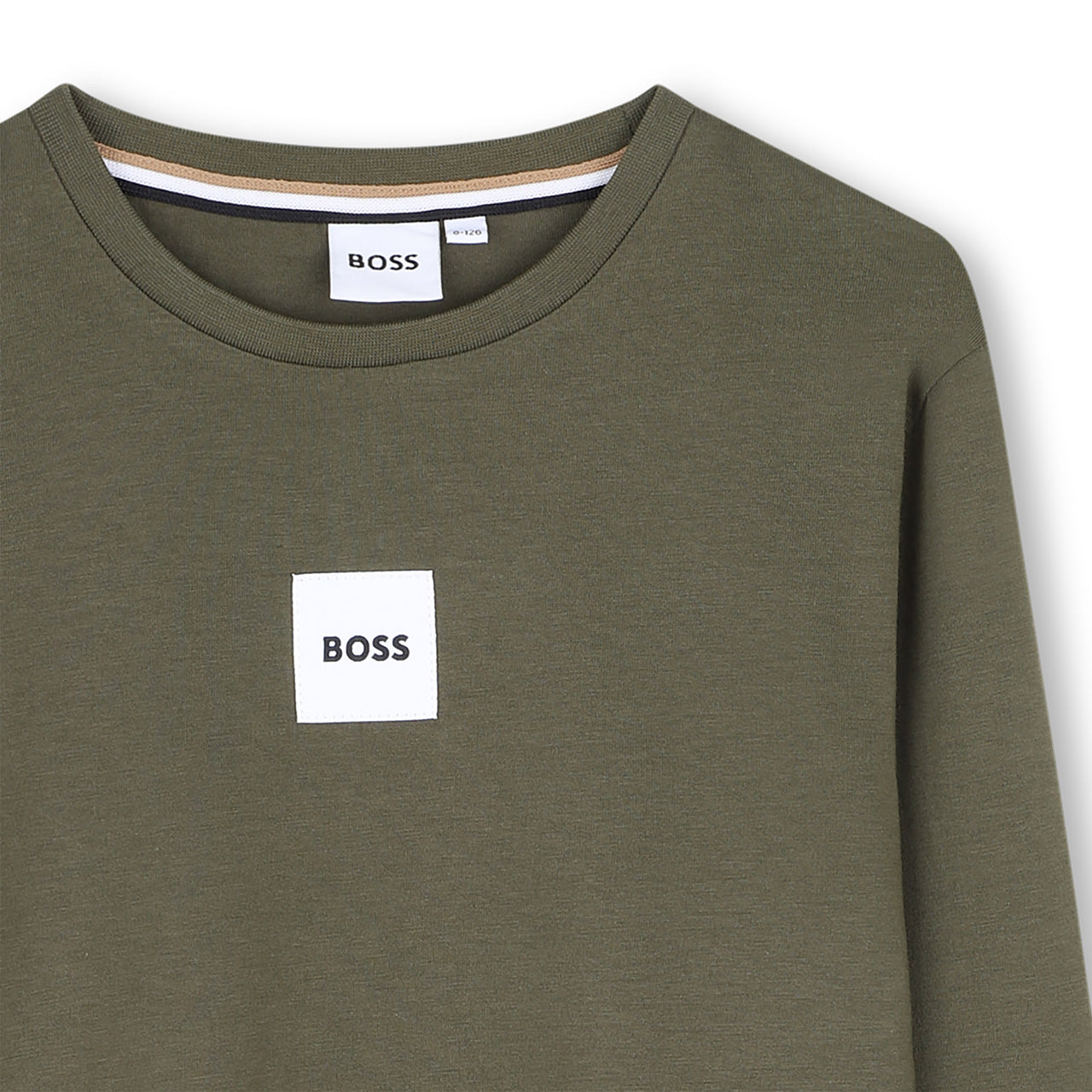 BOSS playera para niño y teen olivo manga larga pequeño logo al tono al frente