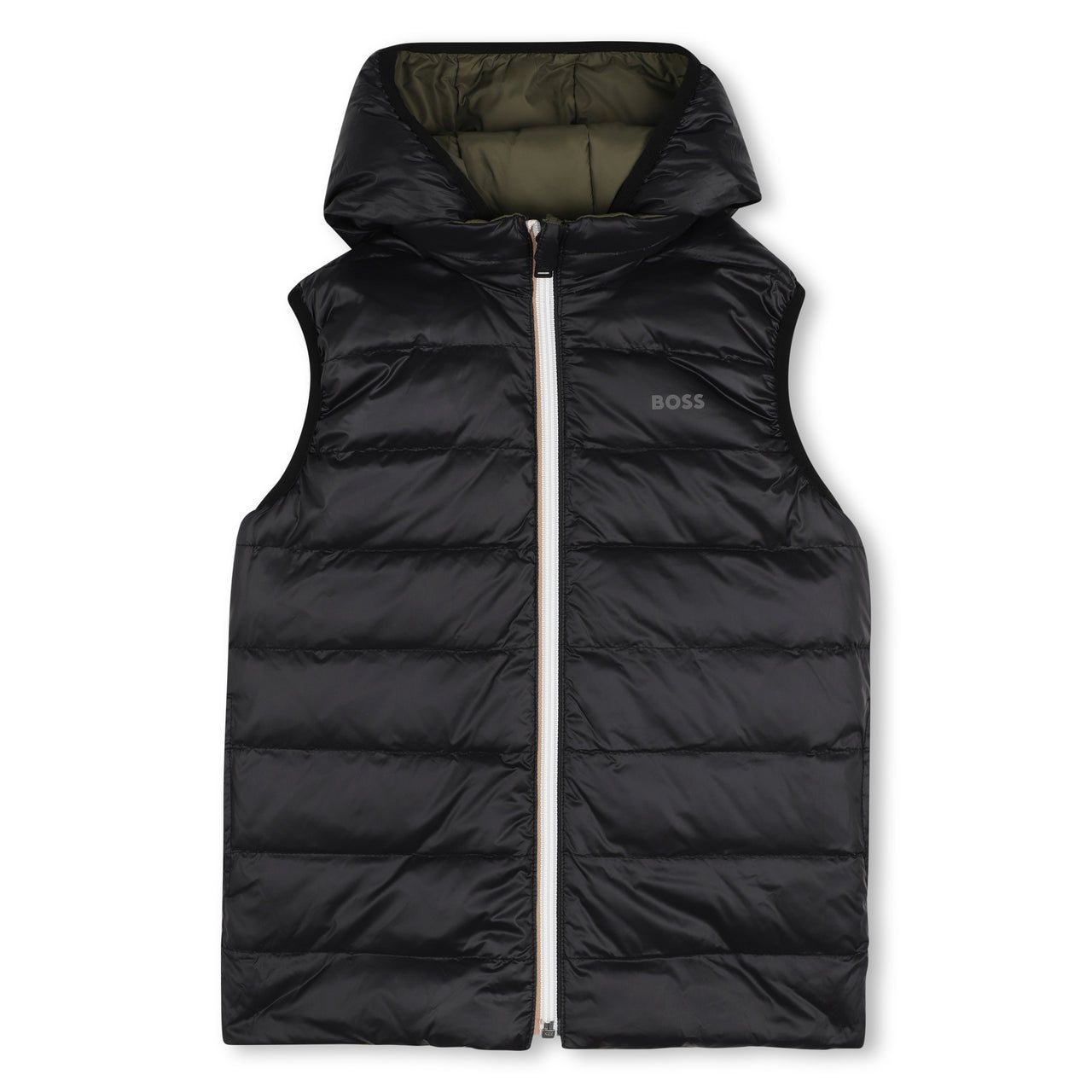 BOSS Chaleco reversible para niño y teen un lado verde olivo el otro negro con capucha