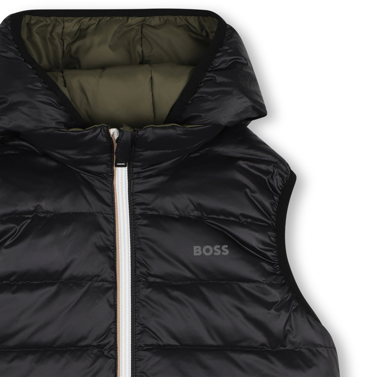 BOSS Chaleco reversible para niño y teen un lado verde olivo el otro negro con capucha