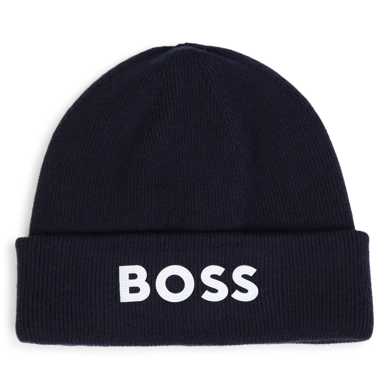 BOSS Gorro para niño y teen color marino tejido big logo letras blancas
