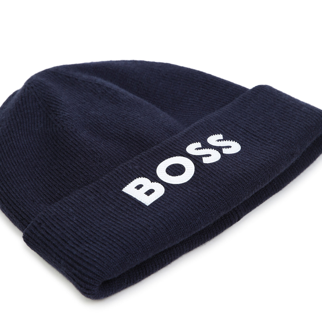BOSS Gorro para niño y teen color marino tejido big logo letras blancas