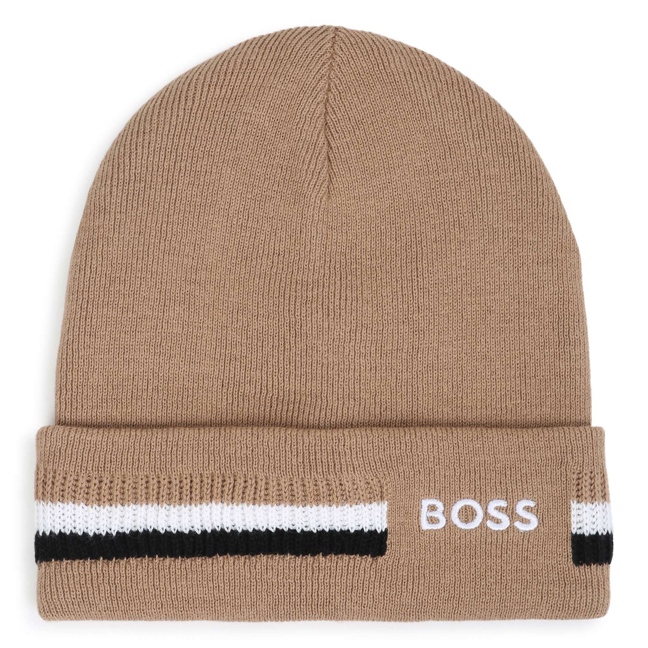 BOSS Gorro para niño y teen color cookie tejido logo y tribanda en dobles