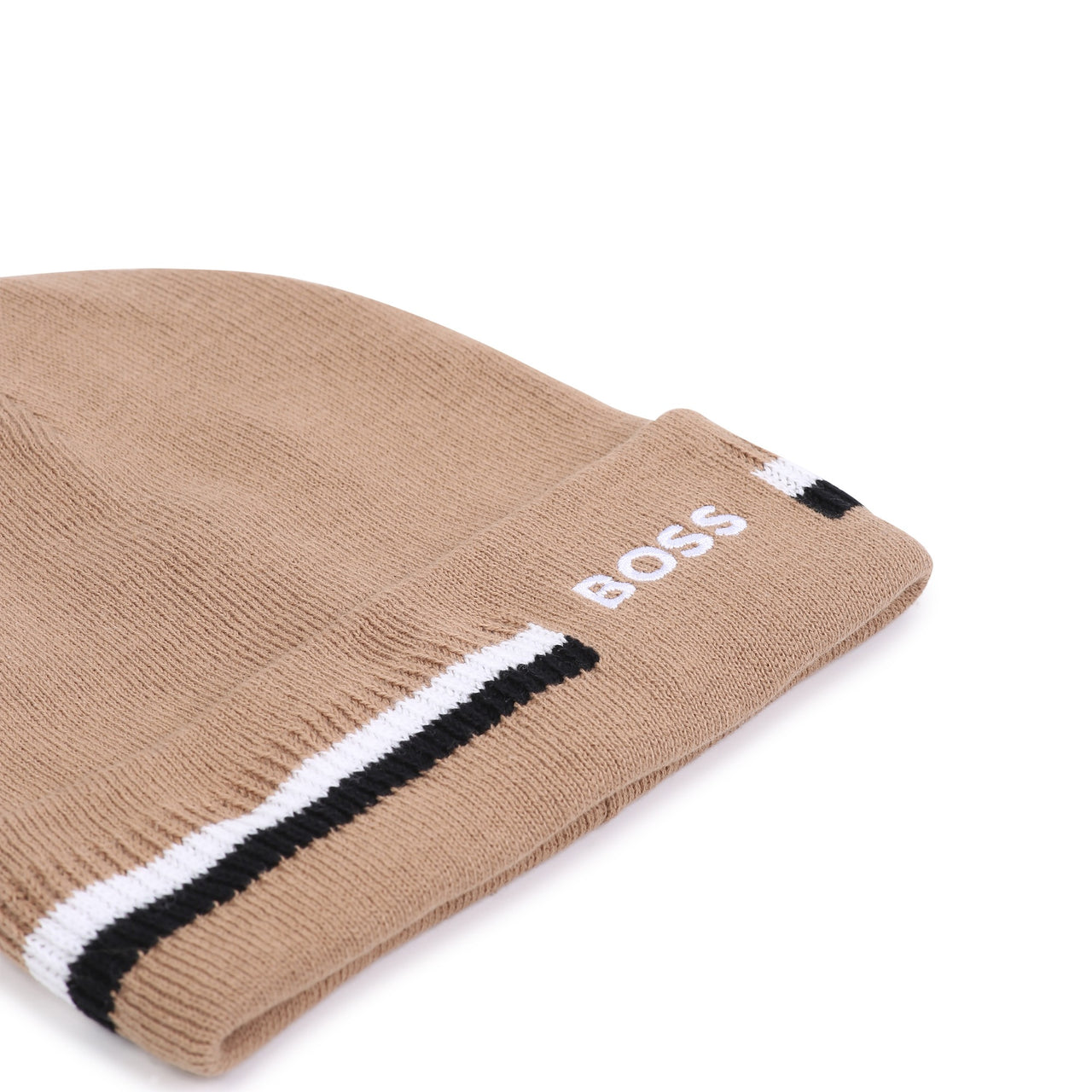 BOSS Gorro para niño y teen color cookie tejido logo y tribanda en dobles