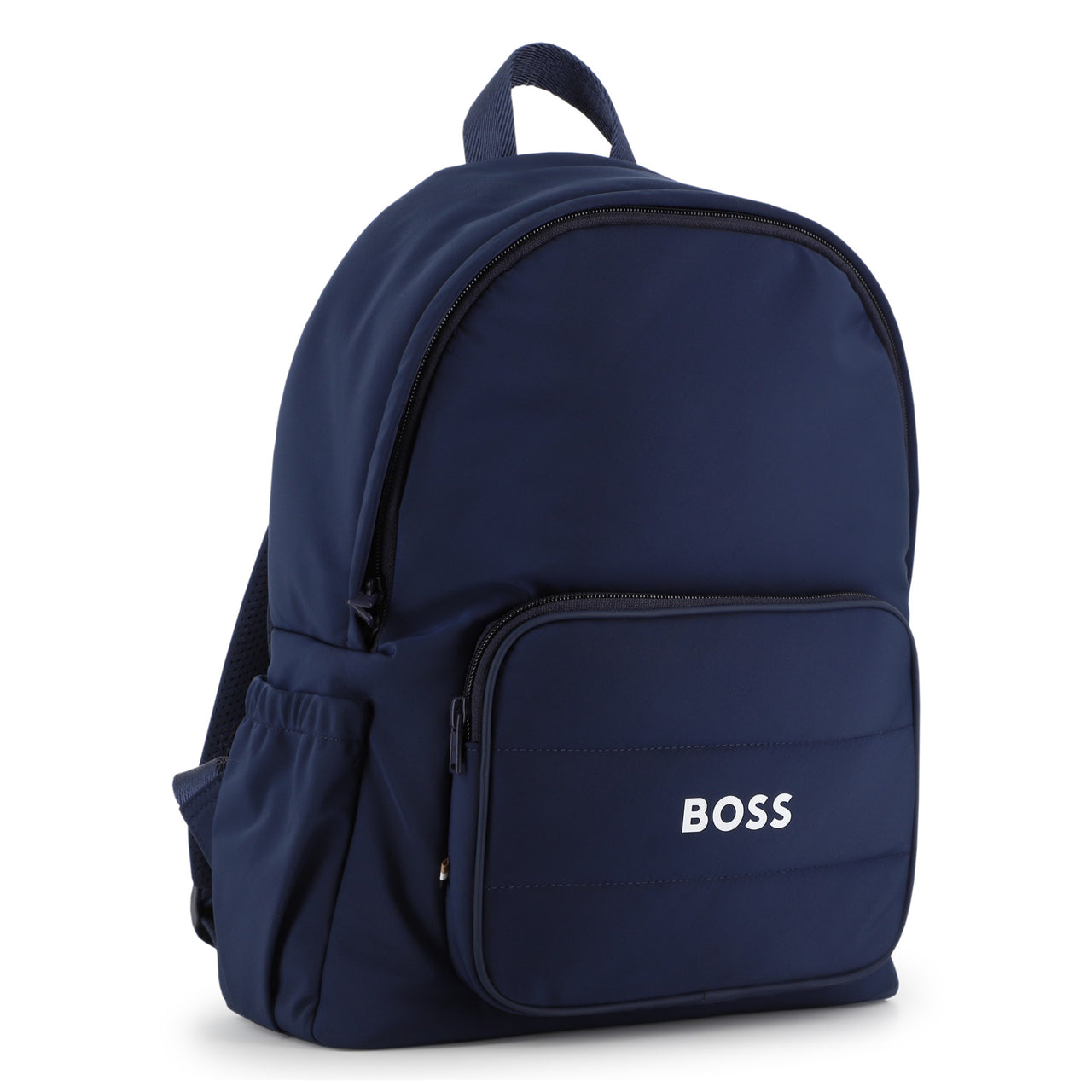 BOSS backpack para niño y teen azul marino logo, al frente en blanco
