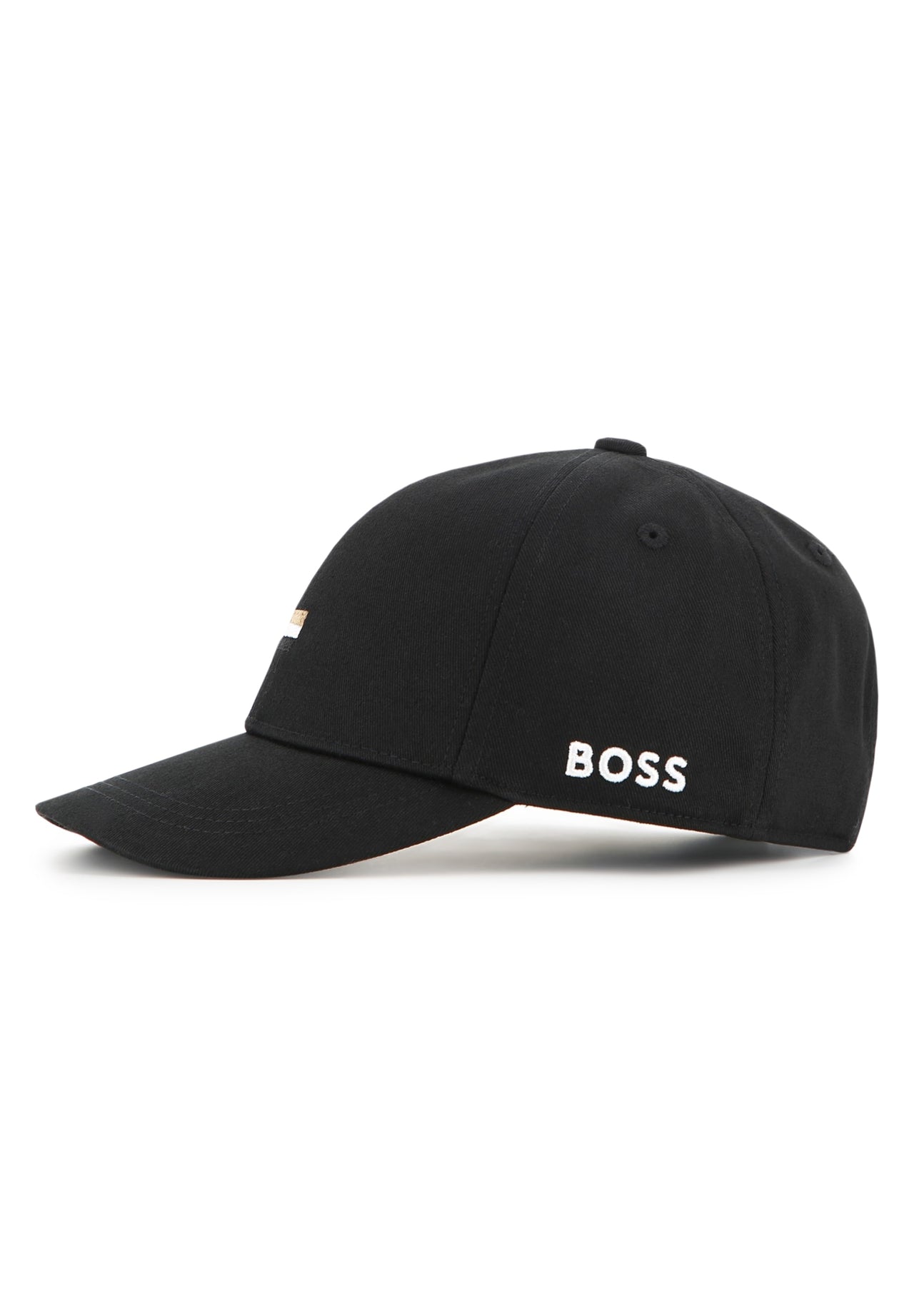 BOSS Gorra para niño y teen negra tribanda al frente con logo detr‡s