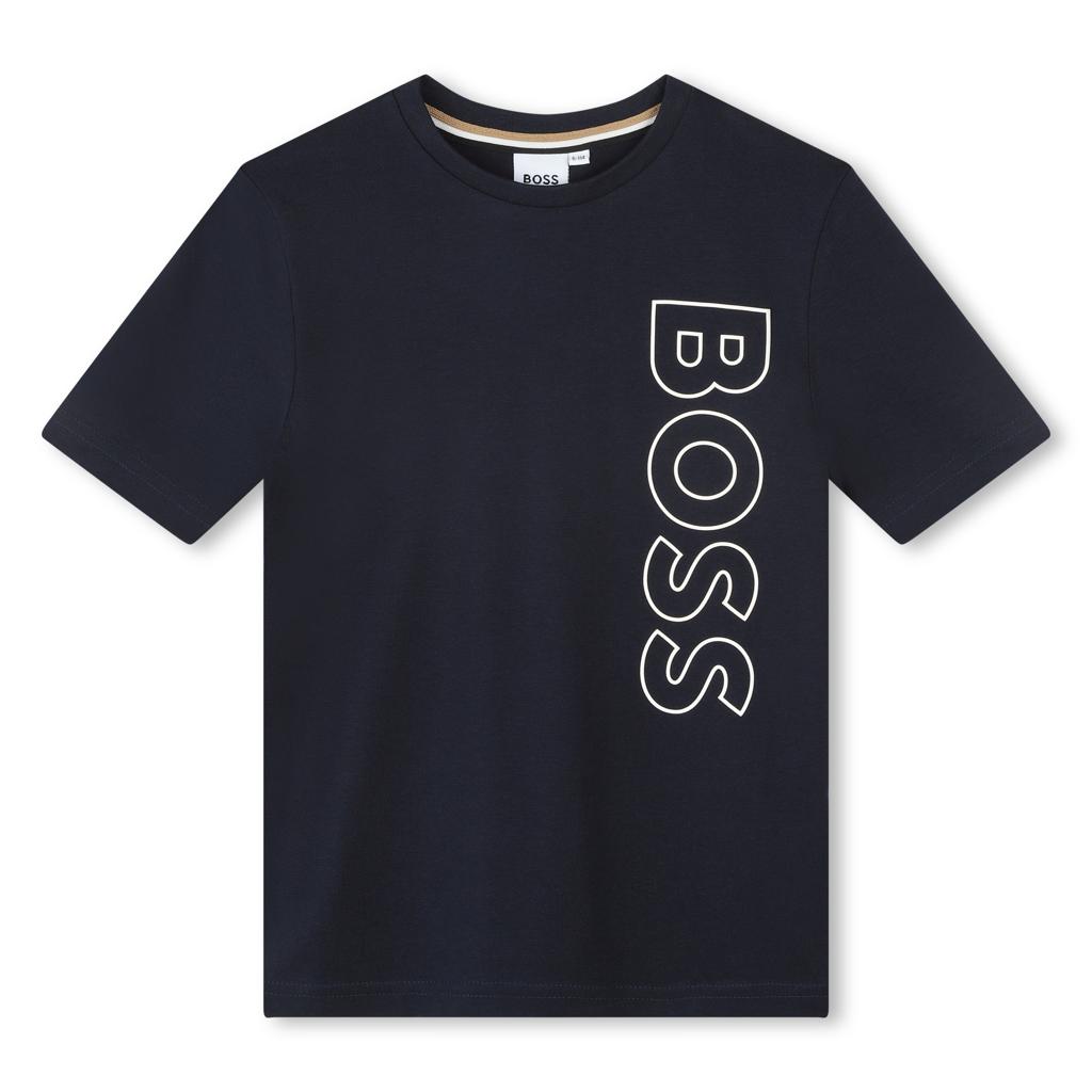 Playera negra BOSS logotipo vertical para niño y adolescente
