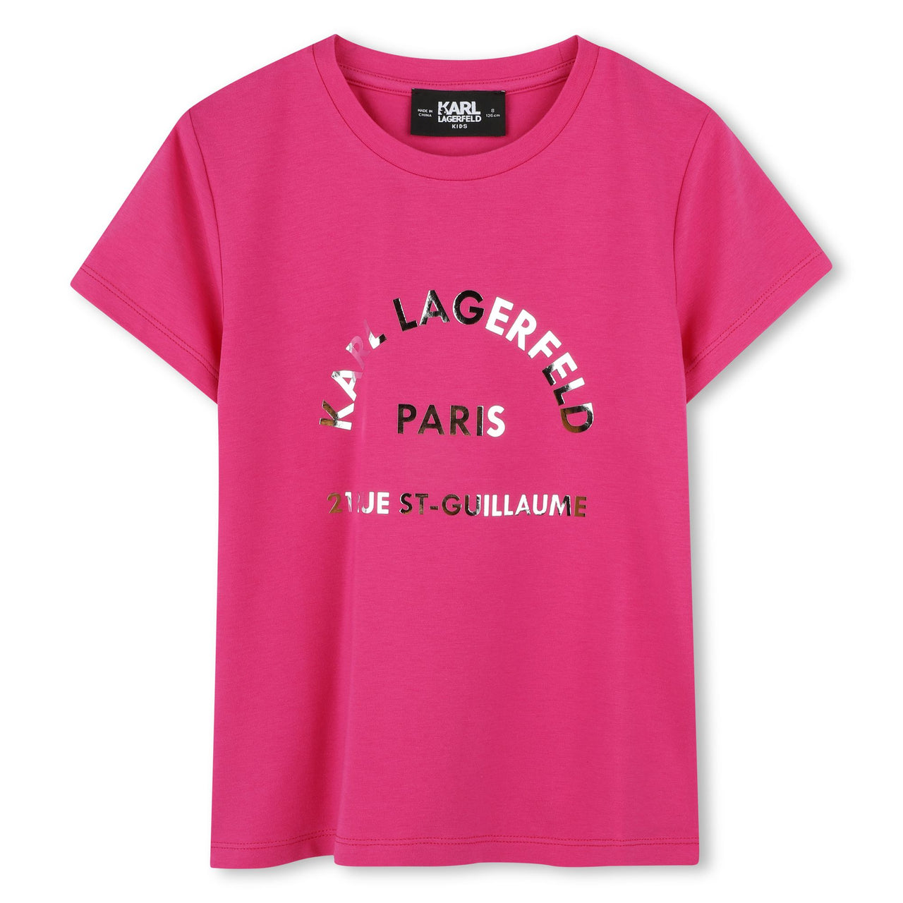 KARL LAGERFELD Playera para niña, fiusha print metalico al frante plata