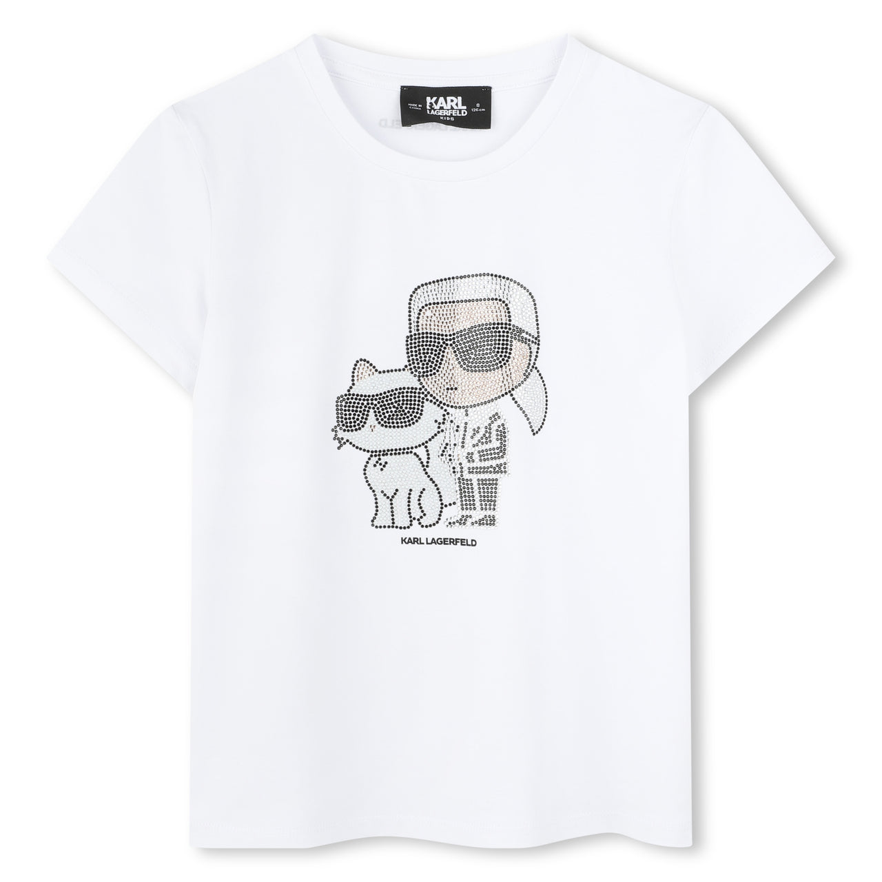 KARL LAGERFELD Playera para niña, blanca print Karl y choupette pedreria