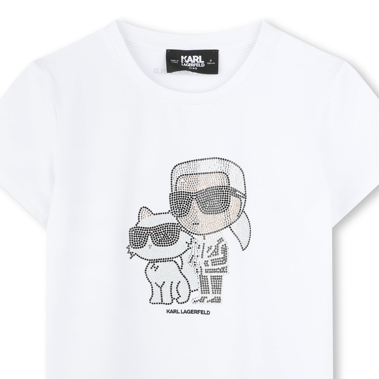 KARL LAGERFELD Playera para niña, blanca print Karl y choupette pedreria