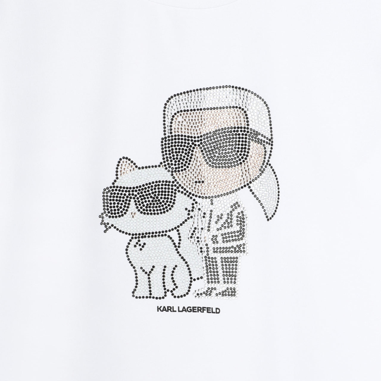 KARL LAGERFELD Playera para niña, blanca print Karl y choupette pedreria