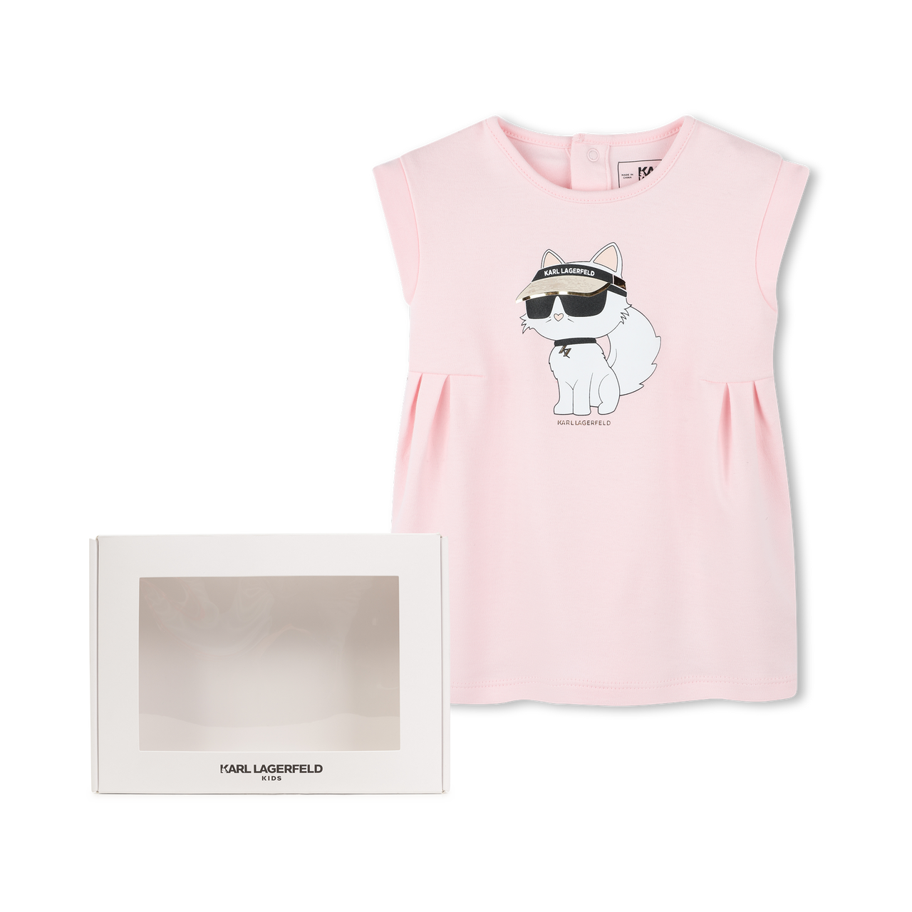 KARL LAGERFELD Vestido para bebe rosa, print choupette al frente