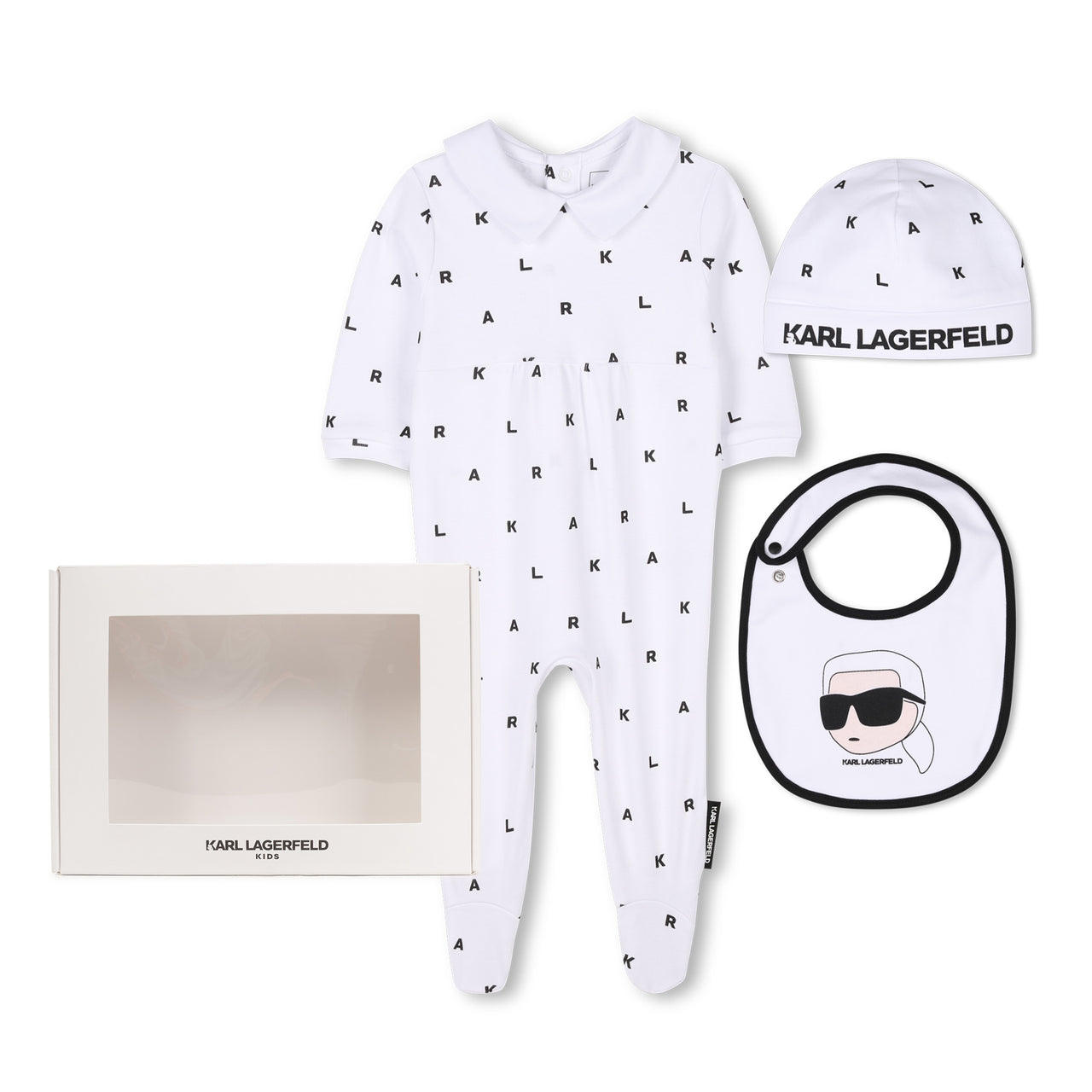 KARL LAGERFELD mameluco para bebe, con gorro y babero, set