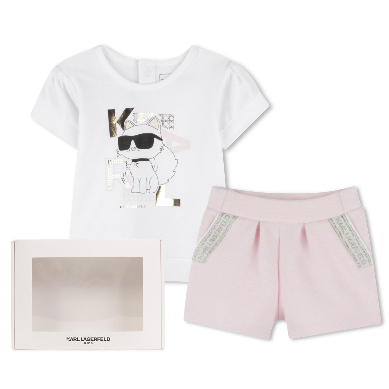 KARL LAGERFELD Playera con short para bebe niña rosa y blanco